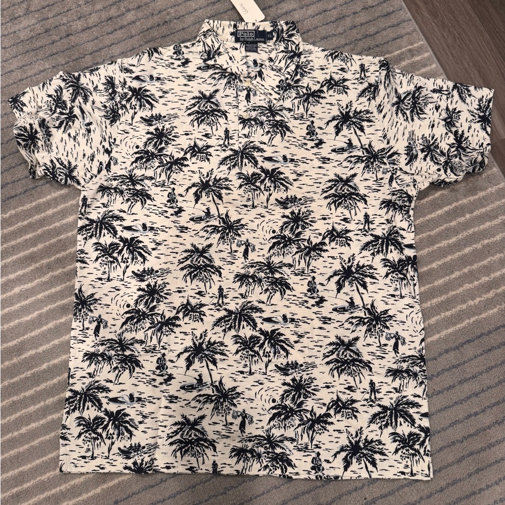 Ralph Lauren White & Navy Palm-Print Polo Shirt
